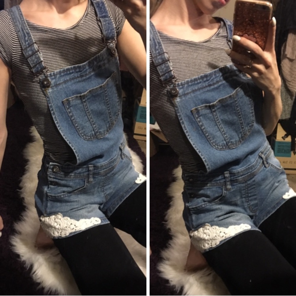 Jean overalls with lace trim